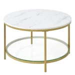 JHK 31IN Marble Round Coffee Table For Living Room 2-Tier Center Counter with Storage Metal Frame Glass Base Tables Modern 6