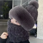 Women Winter Beanie Hats One-Piece Fleece Lined Knit Balaclavas Mask Set Skull Neck Circle Scarf Ski Snow Hat Cap with Pompom 5