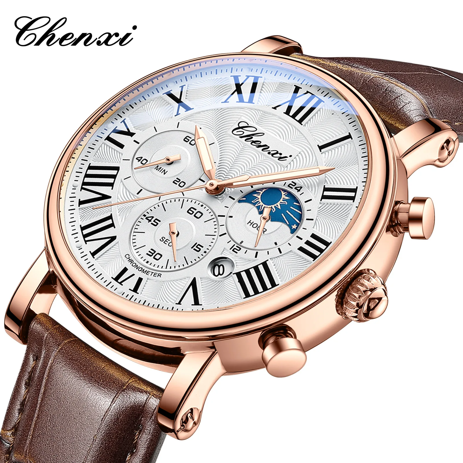 CHENXI 973 Men Quartz Watch Fashion Business Moon Phase Date Multifunctional Chronograph Leather Strap Wristwatch CHENXI 973 Men Quartz Watch Fashion Business Moon Phase Date Multifunctional Chronograph Leather Strap Wristwatch