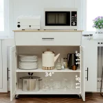 Kitchen Island with Storage, Rolling Kitchen Island on Wheels with Drop Leaf, 3 Open Spice Rack Shelf, Door Cabinet, Drawer 3