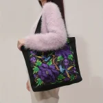 Ethnic Style Flower Embroidery Canvas Tote Shoulder Bag Large Capacity Handbag For Women 5