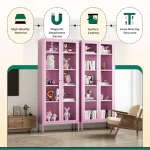 5-Tier Metal Glass Display Cabinet, Tall Curio Storage with Pink Steel Shelves, Ideal for Home Office, Living Room, Pantry 4