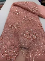 African Heavy Beaded Lace Fabric 2025 High Quality Nigerian Sequin Pearl Lace French Tulle Fabric For Wedding Party Dress Sewing 2