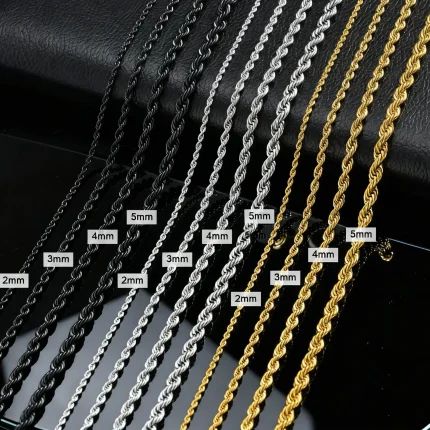 Ropes Long Necklace for Men Women,Stainless Steel Gold Color Twisted Rope Chain Collar,2/3/4/5mm Punk Basic Waterproof Jewelry