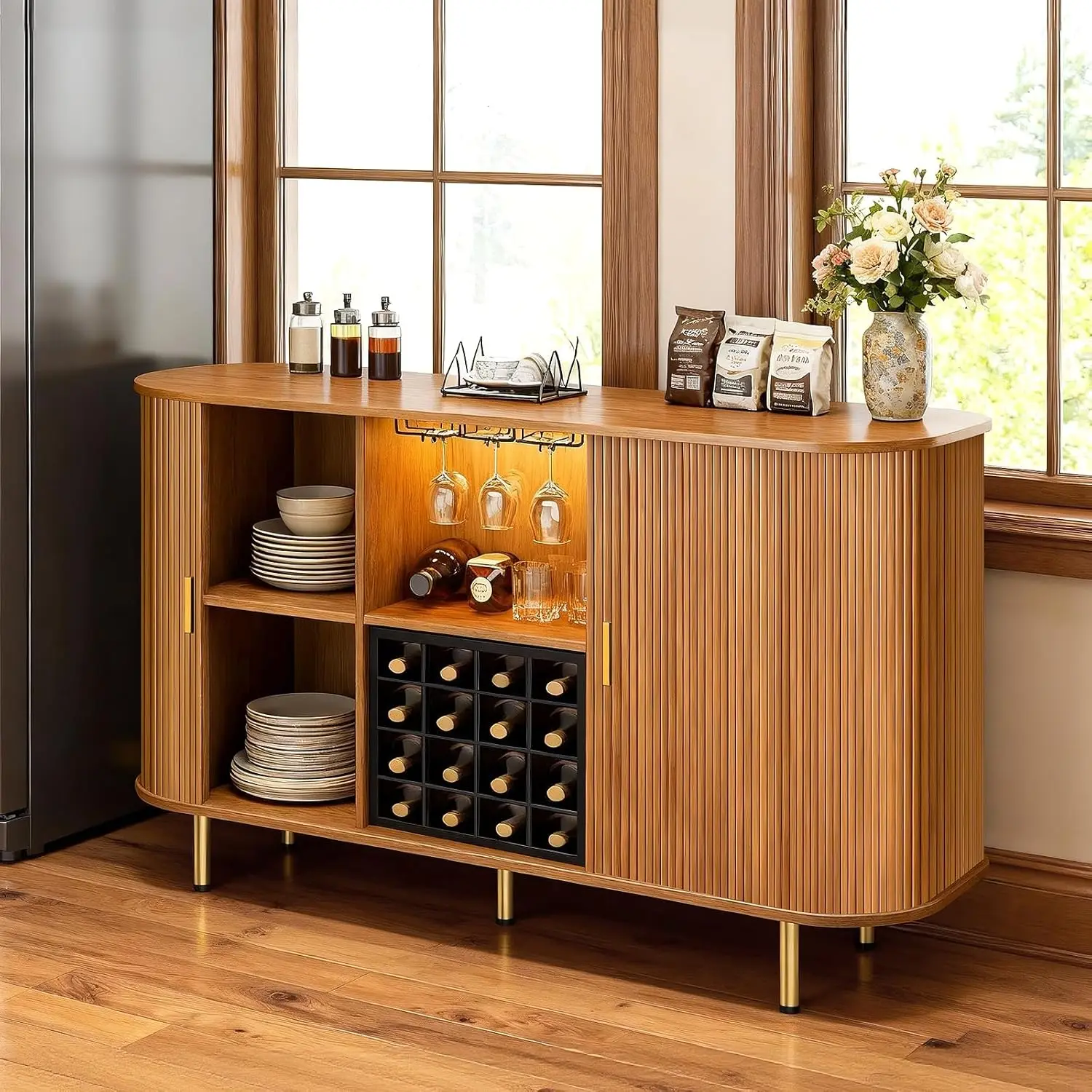 55-Inch Modern Wine Bar Cabinet with Storage, LED Lights, USB Ports & Adjustable Shelves for Kitchen, Living Room 55-Inch Modern Wine Bar Cabinet with Storage, LED Lights, USB Ports & Adjustable Shelves for Kitchen, Living Room