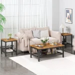 3 Piece Industrial Coffee Table Set with 2 End Tables Metal Frame Living Room Apartment Home Office Brown, Customized 3