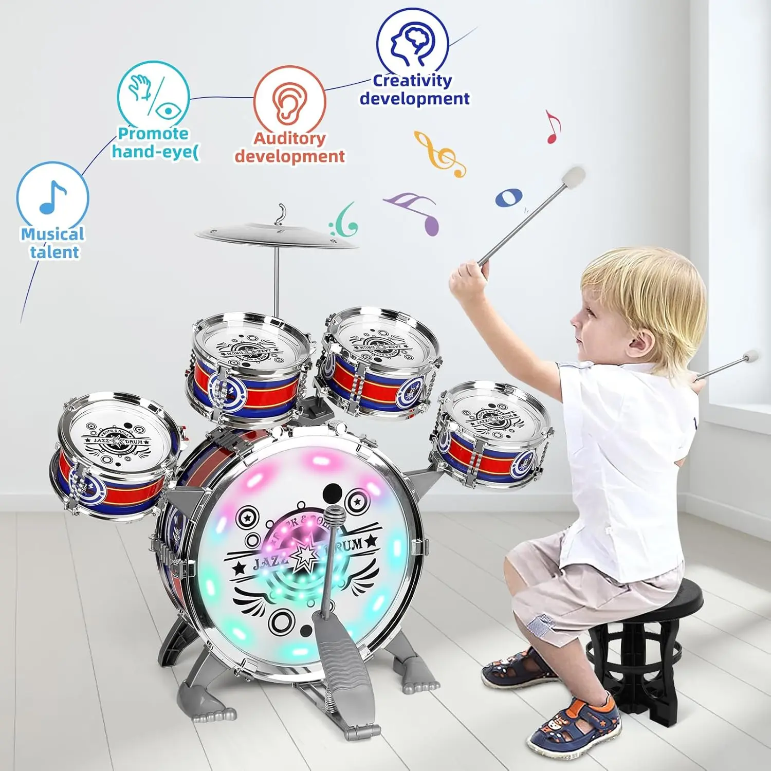 Mini Jazz Drum Set 6 Drums with Stool Musical Instruments Toy Birthday Gift for Beginners Boys Girls (with LED Light) Mini Jazz Drum Set 6 Drums with Stool Musical Instruments Toy Birthday Gift for Beginners Boys Girls (with LED Light)