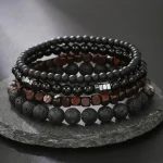 4Pcs/Set Black Gall Stone Volcanic Stone Wood Beads Multi-layer Men's Combination Elastic Bracelet For Couple Friends Jewelry 2
