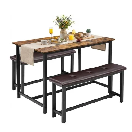 4-Person Kitchen Table Set with 2 Upholstered Benches Easy-Clean MDF Top & Steel Frame Compact Dining Room Set for Home Decor