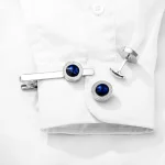 Fashionable Men's French Shirt Accessories Round Blue Crystal Cufflinks Diamond Embedded Sleeve Studs Tie Clip Wedding Gift 4