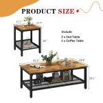 3 Piece Industrial Coffee Table Set with 2 End Tables Metal Frame Living Room Apartment Home Office Brown, Customized 2