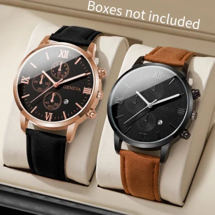 1/2PCS Fashion Roma Dial Men Business Watches Calendar Quartz Watch Leather Band Male's Wristwatches Reloj Hombre（Without Box）