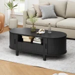Oval Coffee Table, 47 Inch Fluted Coffee Tables with Cabinets & Sliding Doors, Mid-Century Modern Center Table with Storage 6