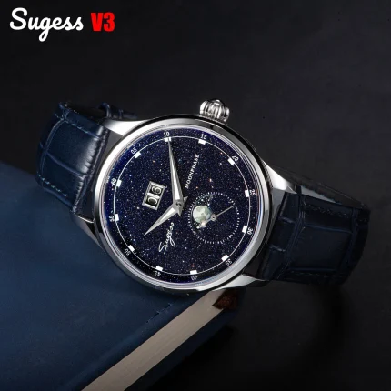 Sugess Moonphase Watch of Men 40mm Automatic Mechanical Wristwatches Seagul ST2528 Movement Stainless Steel Blue Sandstone Dial