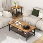 3 Piece Industrial Coffee Table Set with 2 End Tables Metal Frame Living Room Apartment Home Office Brown, Customized 5