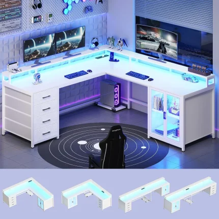 L Shaped Gaming Desk with 4 Drawers, 109” Computer Desk with Display Cabinet, Home Office Desks with 2 Monitor, Customized