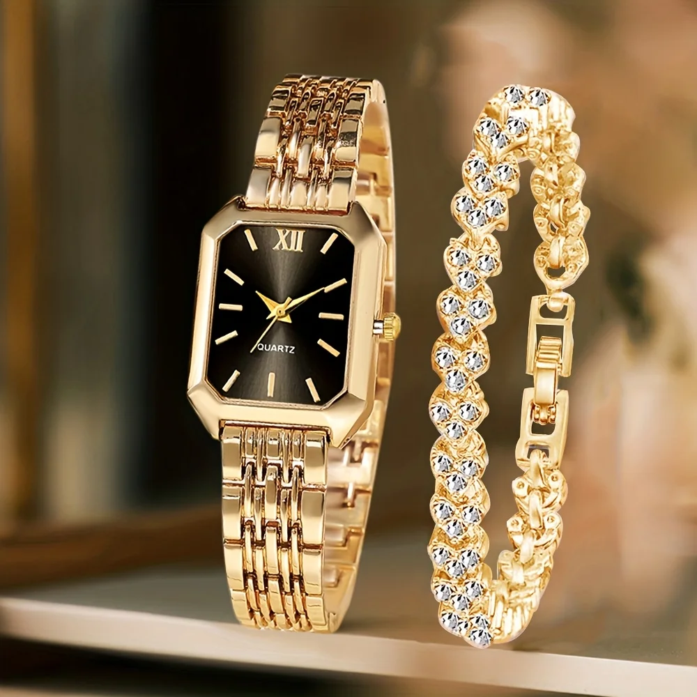 2PCS Fashion Rectangle Women Quartz Watch Rhinestone Bracelet Set Ladies Roma Dial Wristwatch Reloj Mujer Girls Clock Gift 2PCS Fashion Rectangle Women Quartz Watch Rhinestone Bracelet Set Ladies Roma Dial Wristwatch Reloj Mujer Girls Clock Gift