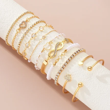 11 Pcs Boho Pearl Crystal Heart Infinity Sign Bracelets for Women Vintage Elegant Gold Color Bracelets Sets New Vacation Jewelry