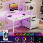 51-Inch White Computer Desk with Drawers, Monitor Stand, LED Lights, and Power Outlets for Home Office or Gaming 5