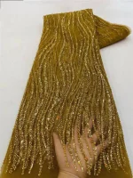 5 Yards Luxury African Sequins Groom Lace Fabric 2025 High Quality French Nigerian Beaded Lace Fabric For Wedding Dress