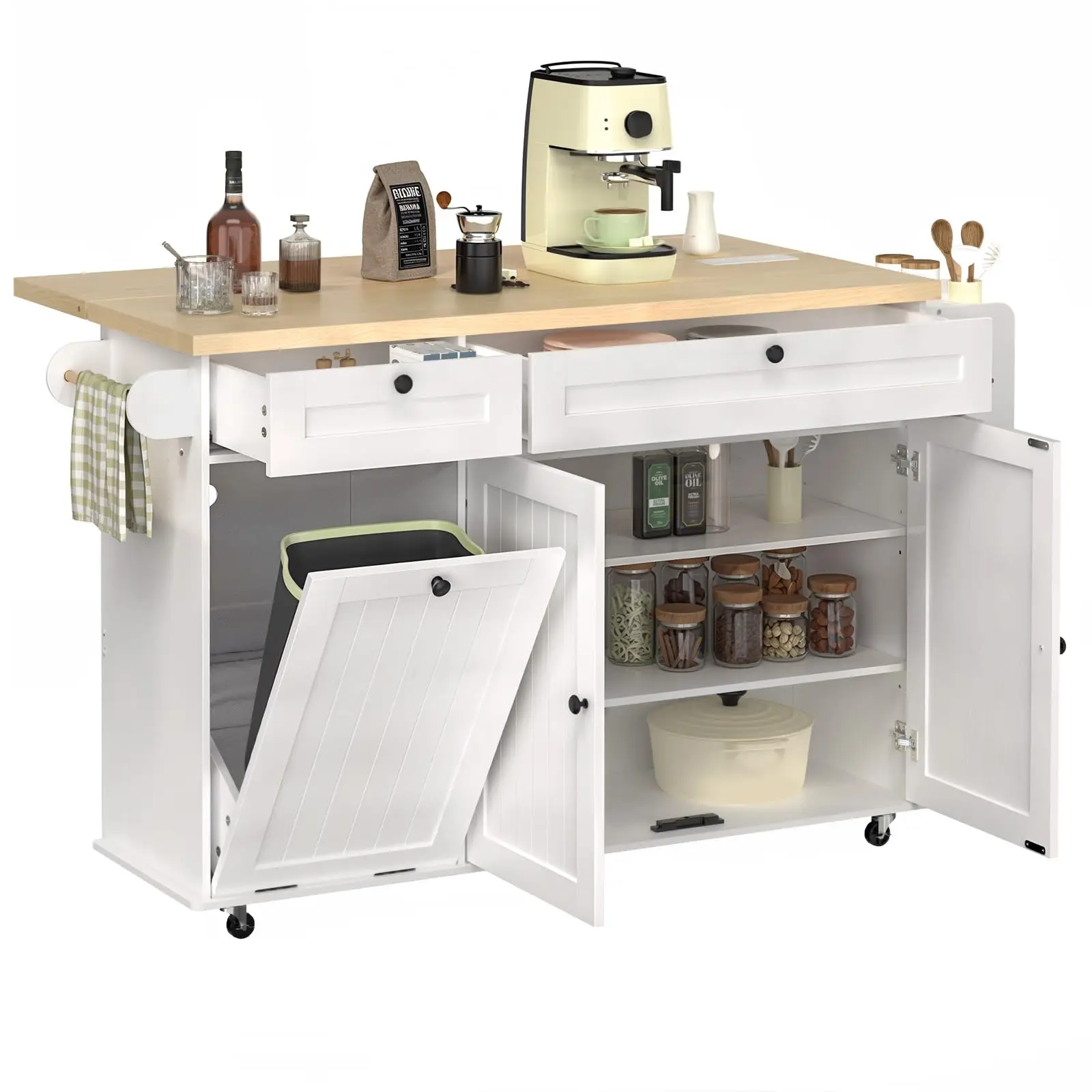 60" Mobile Kitchen Islands Rolling Trolleys Kitchen Island Table Drop Leaf Home Carts with Power Outlet Spice Towel Rack Trash 60" Mobile Kitchen Islands Rolling Trolleys Kitchen Island Table Drop Leaf Home Carts with Power Outlet Spice Towel Rack Trash