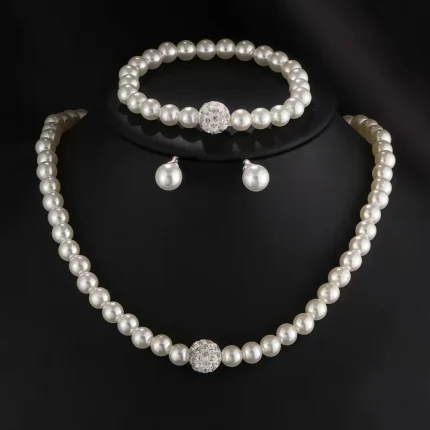 3 PCS Imitation Pearl Fireball Necklace Bracelet Earring Stud Jewelry Set Silver Color Crystal Stone Elegant Bridal Jewelry Gift
