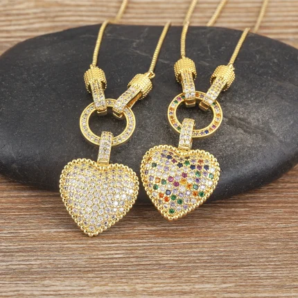 AIBEF Bohemian Heart Shape Colorful Rhinestone Pendant Women Copper CZ Necklace Jewelry Accessories Temperament Sweet Cute Gift