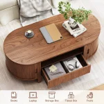Oval Coffee Table, 47 Inch Fluted Coffee Tables with Cabinets & Sliding Doors, Mid-Century Modern Center Table with Storage 3
