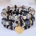 4pcs/set Boho Strand Bracelets For Women Crystal Beads Bracelets Heart Letter Elastic Bangles Wristband Yoga Jewelry Gifts 4