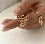 2024 Nwe Stainless Steel 18 K Gold Plated Sun Rings for Women Natural Stone Inlaid in Hollow Metal Texture Ring Trendy Jewelry 3