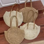 Summer Round Straw Women Vacation Woven Beach Shoulder Bag Large Capacity Hollow Out Simple Tote Bag 4