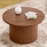 31.5" Round Coffee Table,Tambour Design Coffee Tables,Mid Century Modern Wood Coffee Table,Drum Accent Small Center Table,Walnut 3