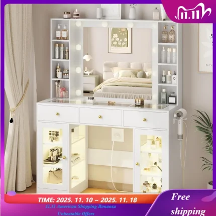 White Glass Top Vanity Desk with Lighted Mirror And RGB Cabinet 3 Drawers Makeup Vanity with Built-in Lighting Customized