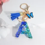 26 English Alphabet Letter Tassels Keychain Crystal Acrylic Butterfly Pendent Key Chain Women Gift Fashion Jewelry Accessories 2
