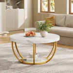 32" Circle Marble Coffee Tables, 2-Tier Golden Metal Legs Accent Center Table with Open Storage Modern Design Home Furniture 4