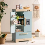 Robotime Robud Play Kitchen Fridge Refrigerator with Ice Dispenser Wooden Kids Play Kitchen Playset Toy for Ages 3+Blue 2