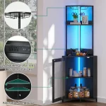 Corner Wine Cabinet with Power Outlets & LED Lights, Corner Bar Cabinet with Glass Holder, Liquor Bar Rack Cabinet for 5