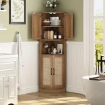 Tall Corner Cabinet, 64.7" Rattan Corner Storage Cabinet with 4 Doors and 5 Storage Shelves, Farmhouse Space Saver, Boho Shelf 3