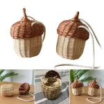 New Acorn-shaped Storage Basket Hand-woven Round Rattan Bag Bucket Tropical Beach Style Woven Shoulder Bag Photo Props 3