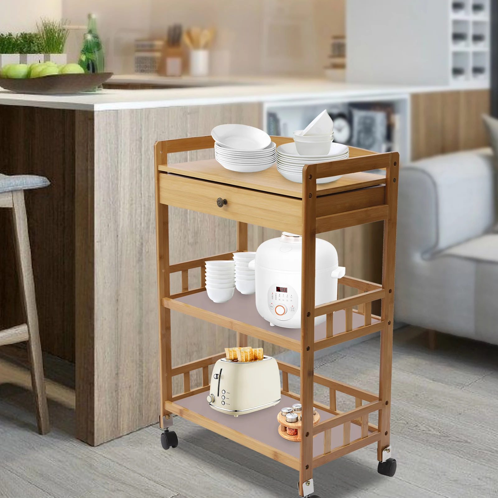 Mobile Kitchen Cart Trolley Rolling Wheelcart Storage Rack Beauty Salons Restaurants Bamboo 65kg Bearing Mobile Kitchen Cart Trolley Rolling Wheelcart Storage Rack Beauty Salons Restaurants Bamboo 65kg Bearing