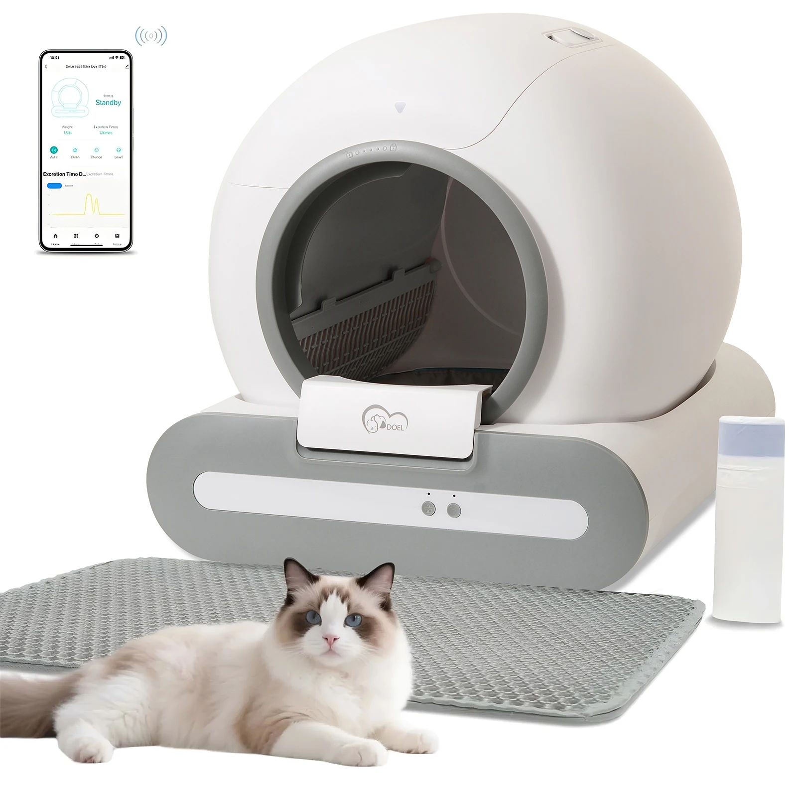 DOEL 65L Self-Cleaning Cat Litter Box App Control, ONLY Supports 2.4G WiFi w/Litter Mat&Trash Bags, Fit for Tofu & Mixed Litter DOEL 65L Self-Cleaning Cat Litter Box App Control, ONLY Supports 2.4G WiFi w/Litter Mat&Trash Bags, Fit for Tofu & Mixed Litter