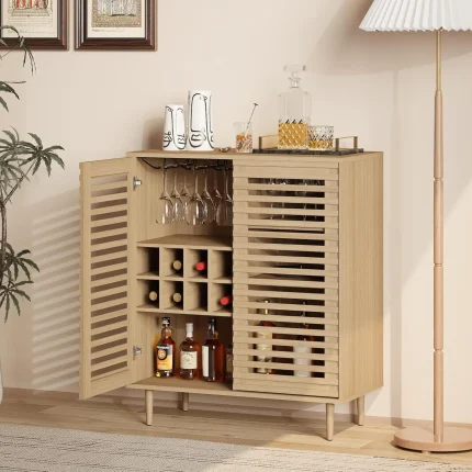 Mid Century Bar Cabinet with Wine Racks, Modern Liquor Cabinet with Slatted Doors for Dining Room, Living Room, Customized