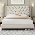 Queen Upholstered Platform Bed Wingback Tufted Headboard Wooden Slat Support No Box Spring Needed Beige Customized