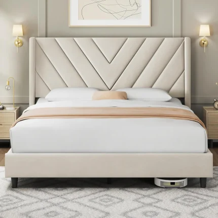 Queen Upholstered Platform Bed Wingback Tufted Headboard Wooden Slat Support No Box Spring Needed Beige Customized
