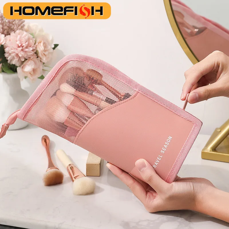 HOMEFISH 1 Pc Stand Cosmetic Bag for Women Clear Zipper Makeup Bag Travel Female Makeup Brush Holder Organizer Toiletry Bag HOMEFISH 1 Pc Stand Cosmetic Bag for Women Clear Zipper Makeup Bag Travel Female Makeup Brush Holder Organizer Toiletry Bag