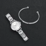 2PCS Women's Watch Fashion Gold Steel Band Quartz Wristwatch Opening Cuff Bracelet Set 5
