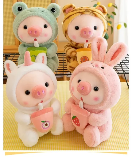Cute Milk Tea Pig Plush Toy - Cartoon Animal Transformation Stuffed Doll, Kawaii Frog Plushie, Soft Hugging Pillow Gift
