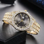 Luxury Classic Golden Men's Steel Strap Roman Scale Rhinestone Calendar Quartz Watch Fashion Male Wristwatch Relogio Masculino 3