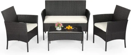 4-Piece Outdoor Patio Furniture Set with Coffee Table, Modern Rattan Chairs, Weather-Resistant for Porch Garden Lawn