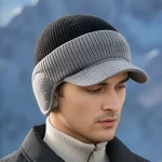 Men's Knitted Duckbill Hat: Winter Warm Fleece Lined, Black, Large Head Circumference 6